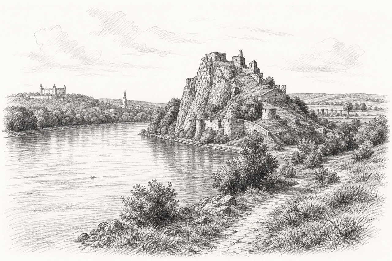 Hand-drawn pencil travel sketch for Bratislava, Slovakia