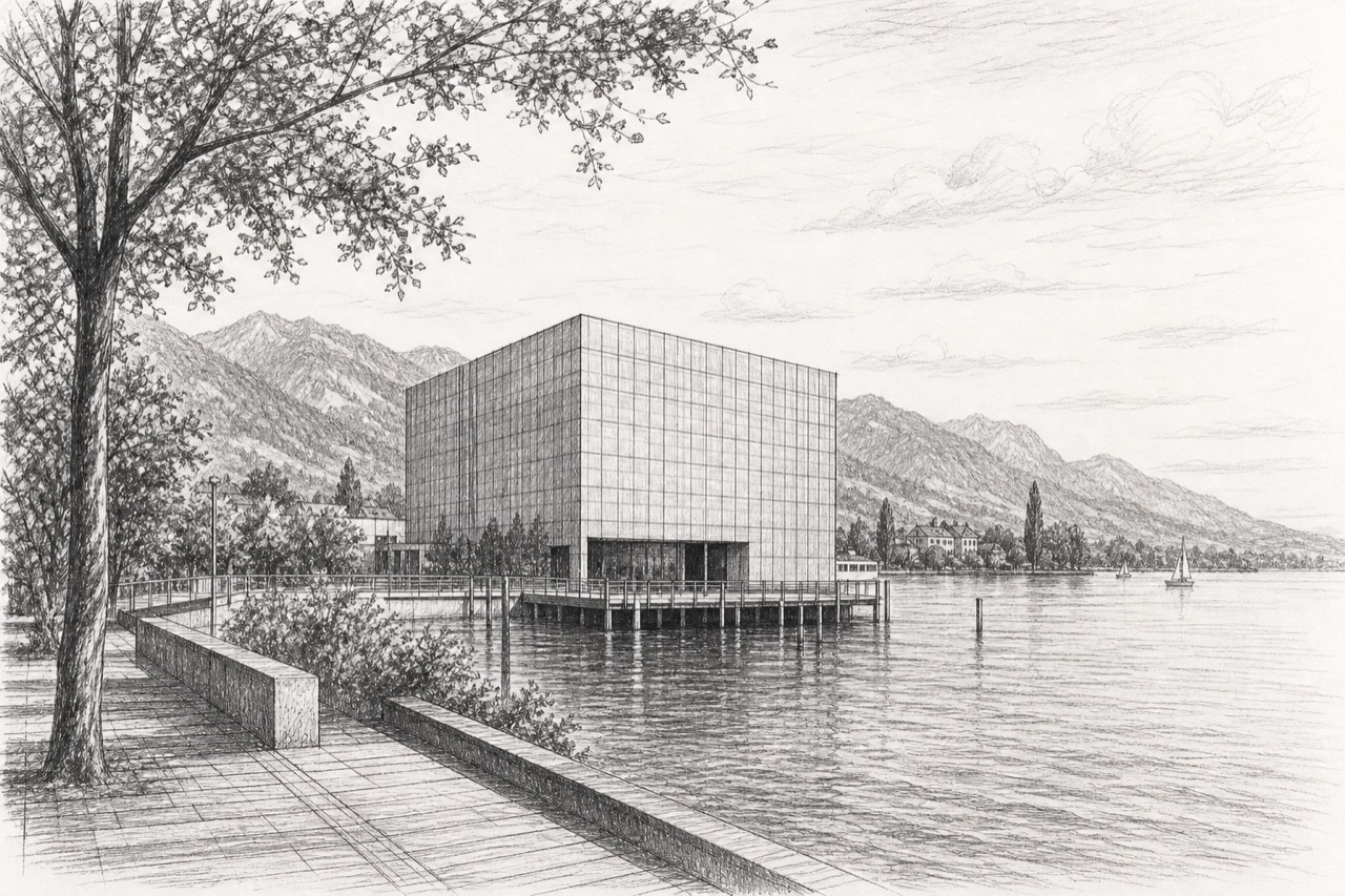 Hand-drawn pencil travel sketch for Bregenz, Austria