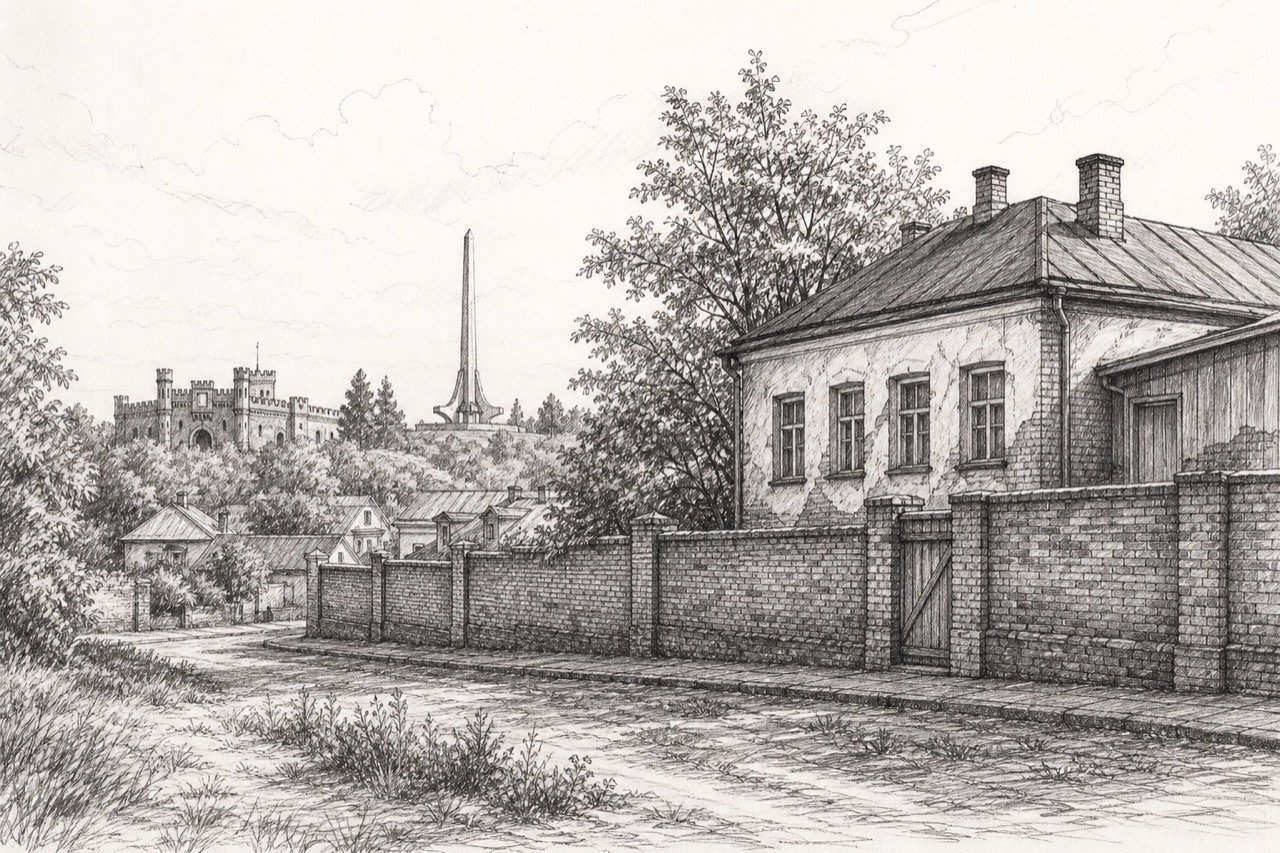 Hand-drawn pencil travel sketch for Brest, Belarus