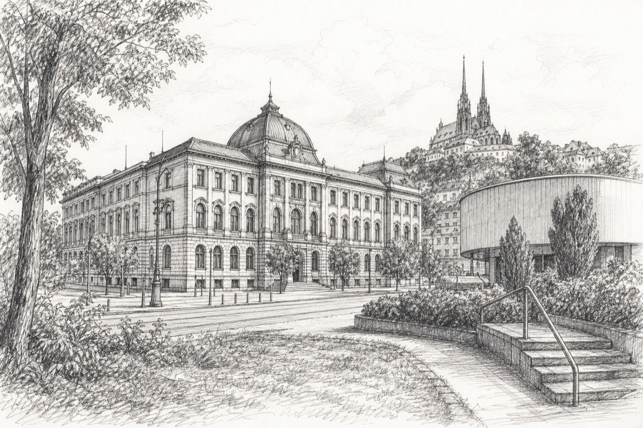Hand-drawn pencil travel sketch for Brno, Czech Republic