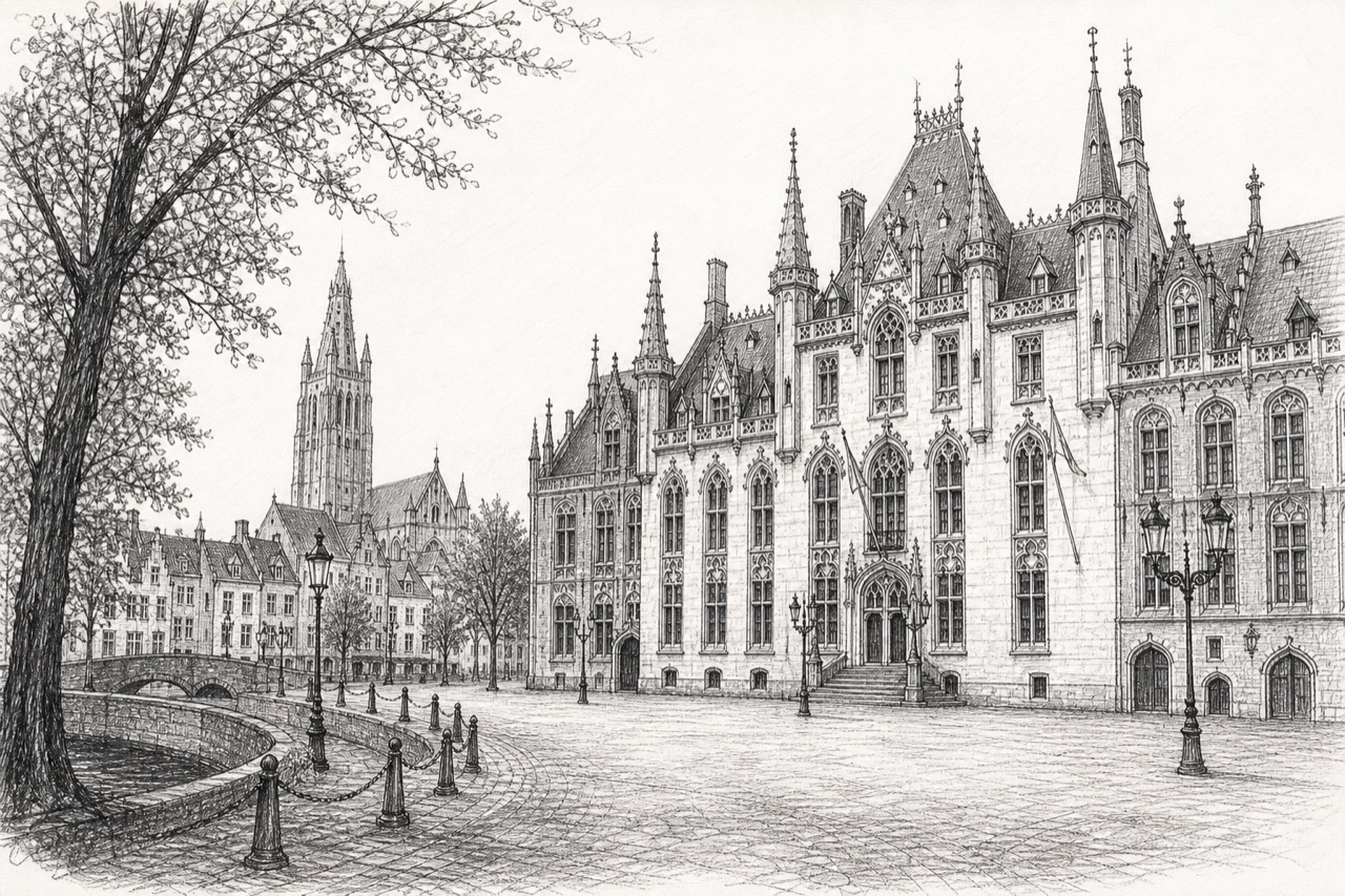 Hand-drawn pencil travel sketch for Bruges, Belgium