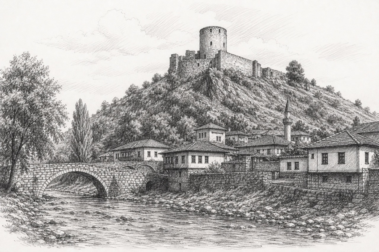 Hand-drawn pencil travel sketch for Brus, Serbia