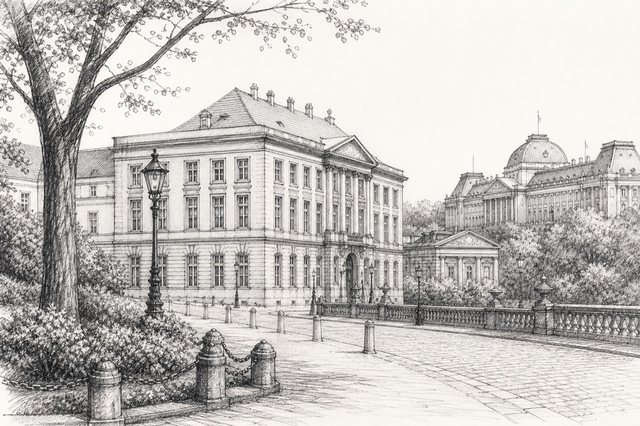 Hand-drawn pencil travel sketch for Brussels, Belgium