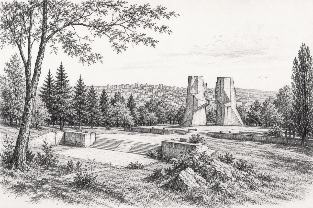 Hand-drawn pencil travel sketch for Bubanj, Serbia