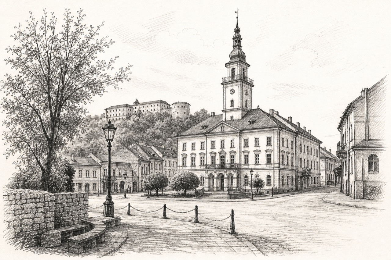 Hand-drawn pencil travel sketch for Buchach, Ukraine