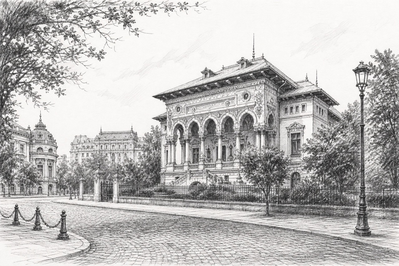 Hand-drawn pencil travel sketch for Bucharest, Romania