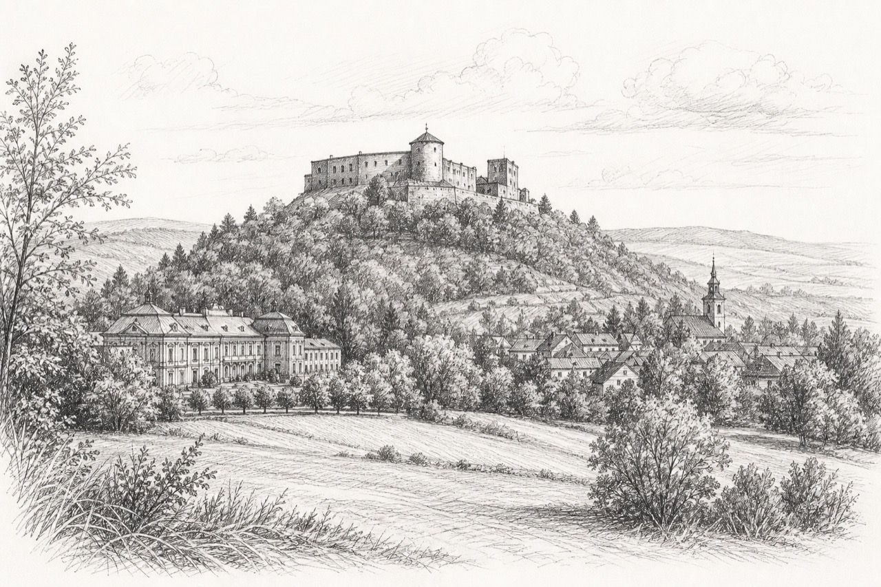 Hand-drawn pencil travel sketch for Buchlovice, Czech Republic