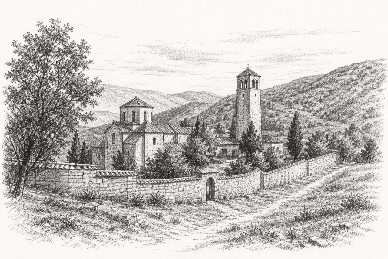 Hand-drawn pencil travel sketch for Budisallci, Kosovo