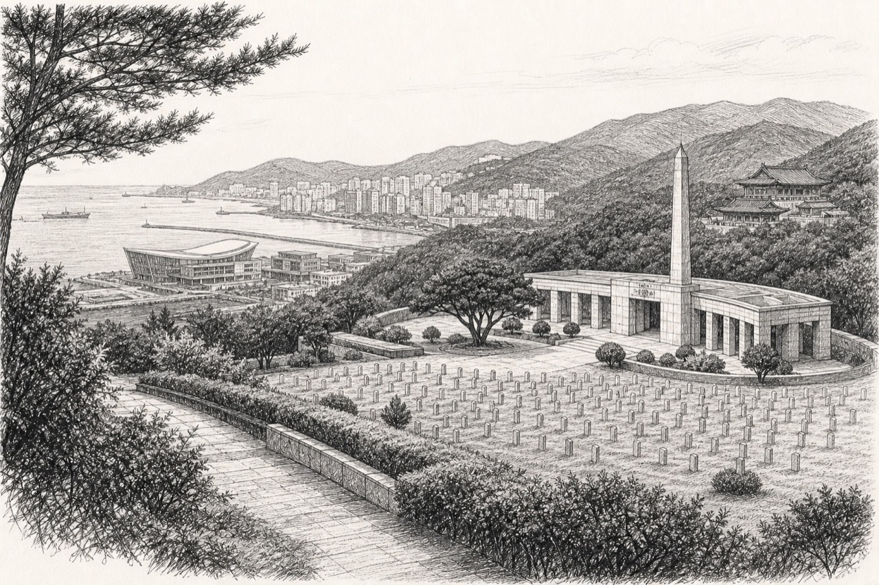 Hand-drawn pencil travel sketch for Busan, South Korea