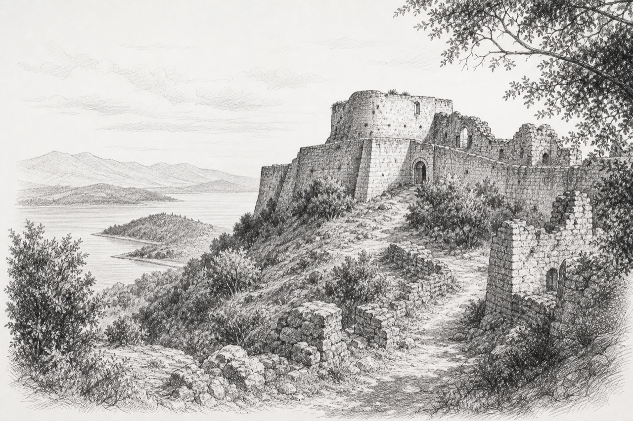 Hand-drawn pencil travel sketch for Butrint, Albania