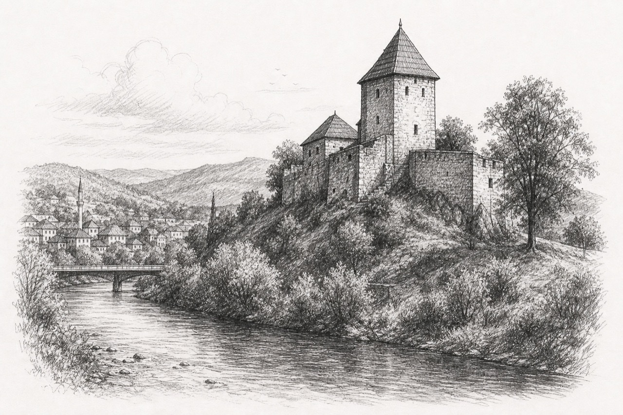 Hand-drawn pencil travel sketch for Bužim, Bosnia and Herzegovina