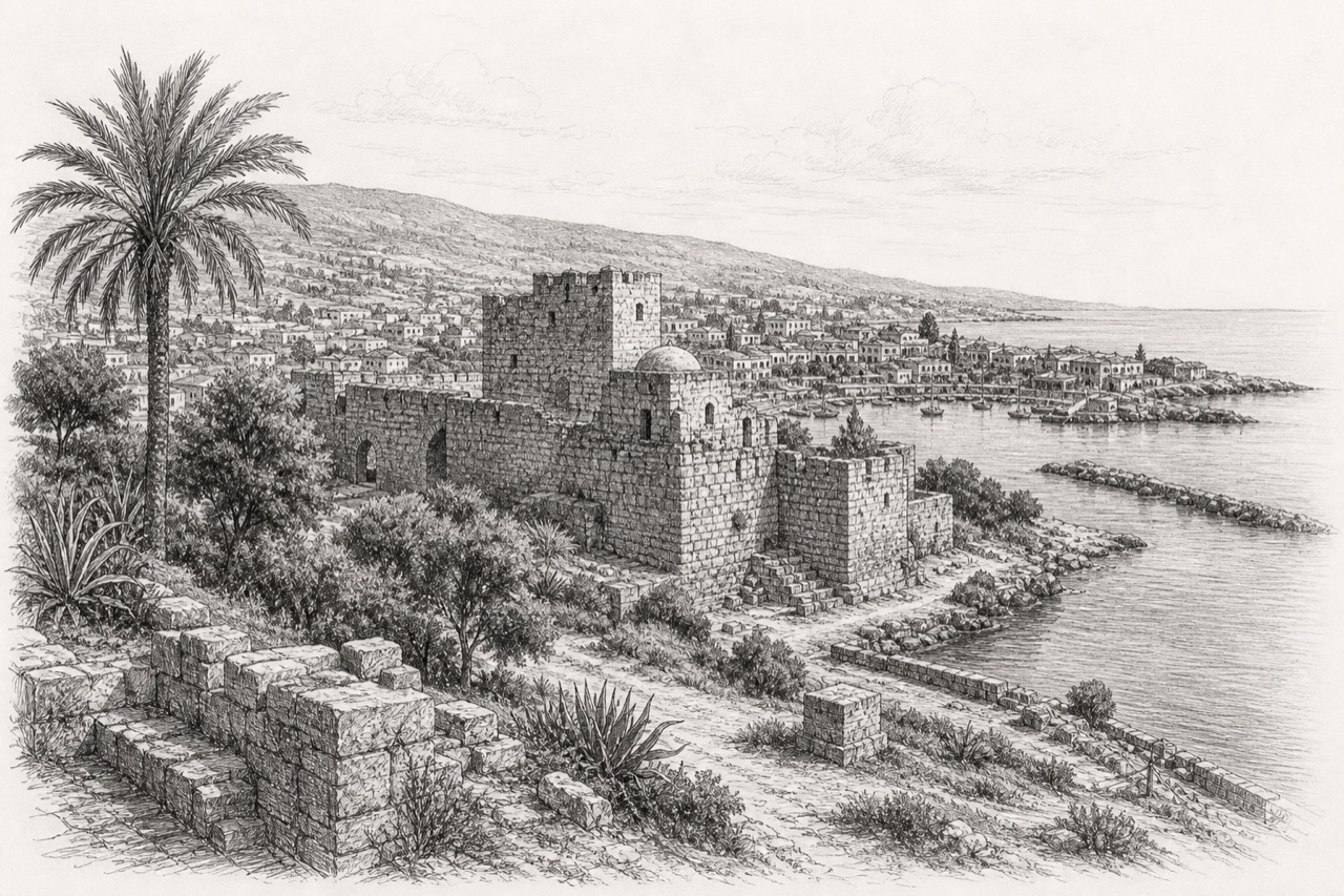 Hand-drawn pencil travel sketch for Byblos, Lebanon