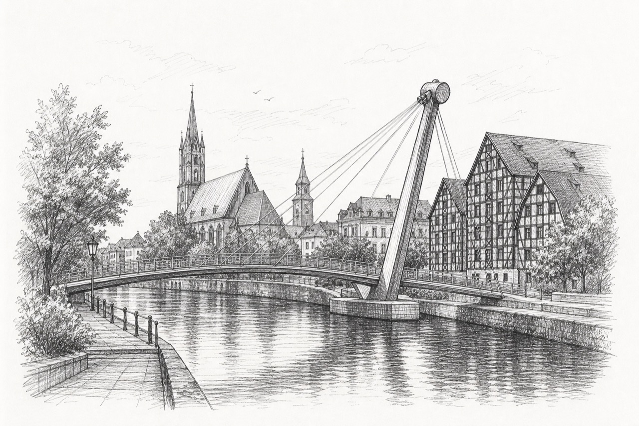 Hand-drawn pencil travel sketch for Bydgoszcz, Poland