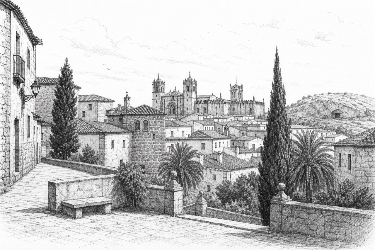 Hand-drawn pencil travel sketch for Cáceres, Spain
