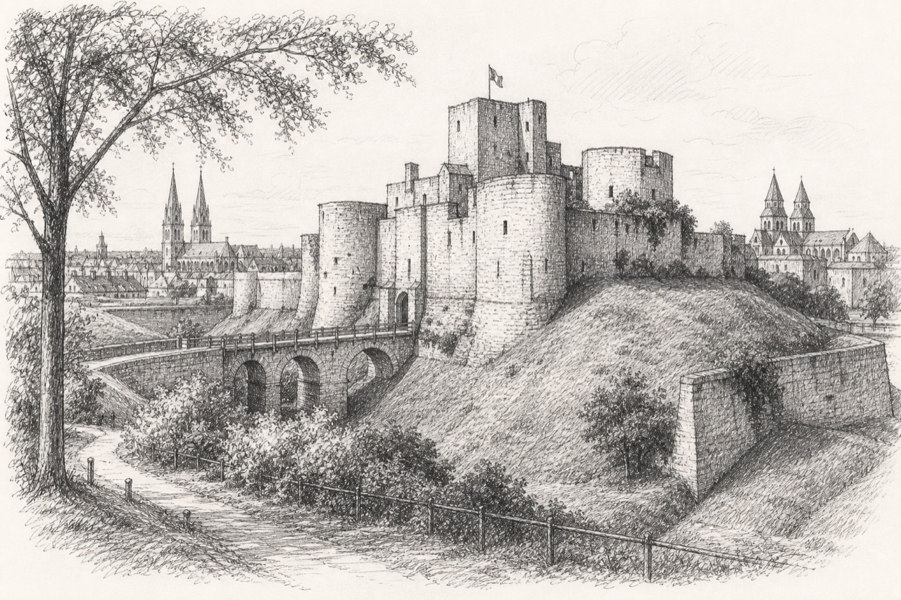 Hand-drawn pencil travel sketch for Caen, France