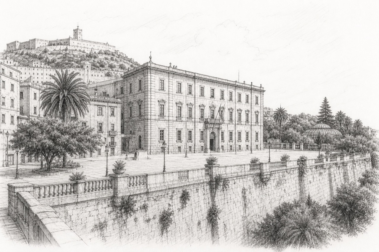 Hand-drawn pencil travel sketch for Cagliari, Italy