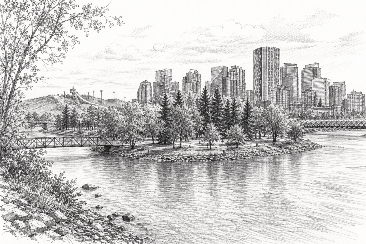 Hand-drawn pencil travel sketch for Calgary, Canada