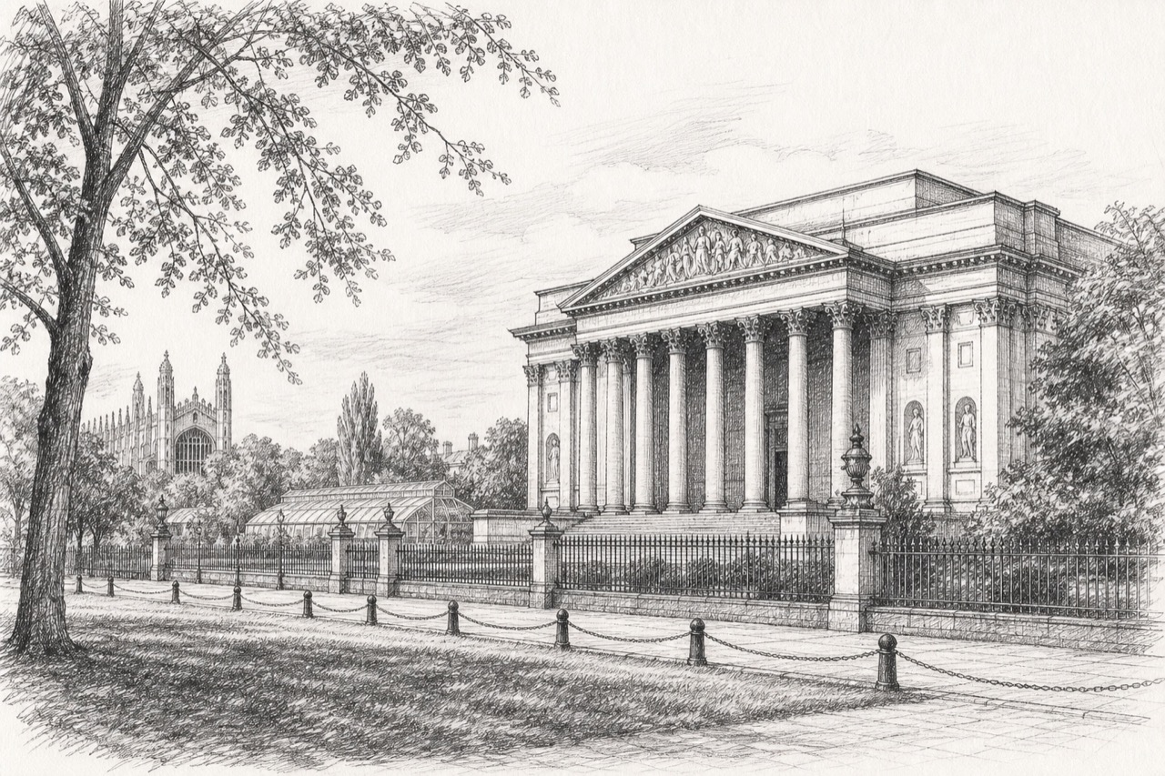 Hand-drawn pencil travel sketch for Cambridge, United Kingdom