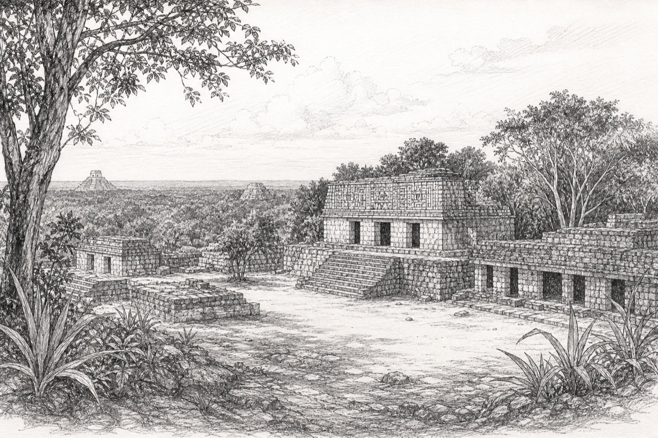 Hand-drawn pencil travel sketch for Campeche, Mexico