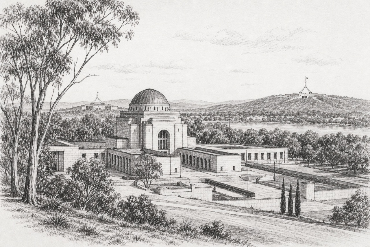 Hand-drawn pencil travel sketch for Canberra, Australia