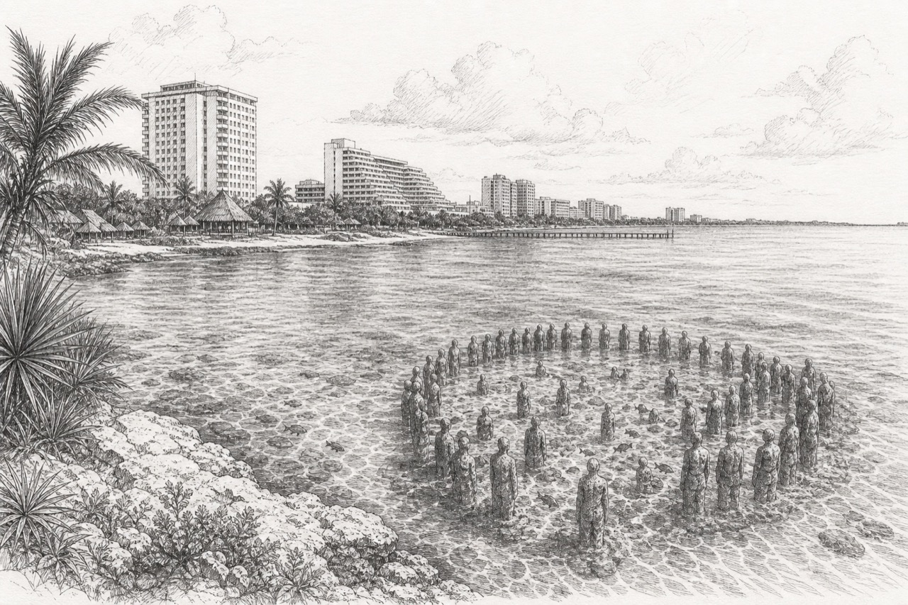 Hand-drawn pencil travel sketch for Cancun, Mexico