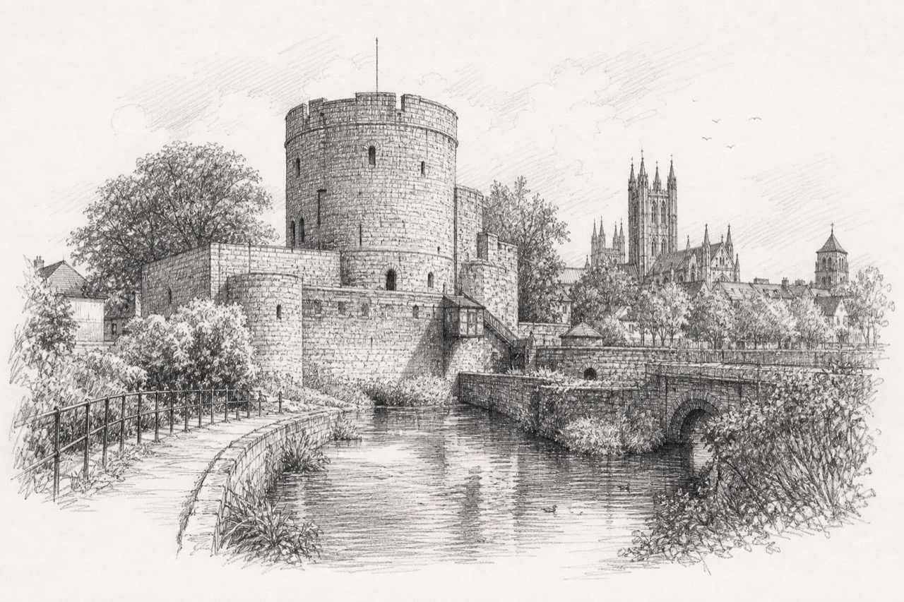 Hand-drawn pencil travel sketch for Canterbury, United Kingdom