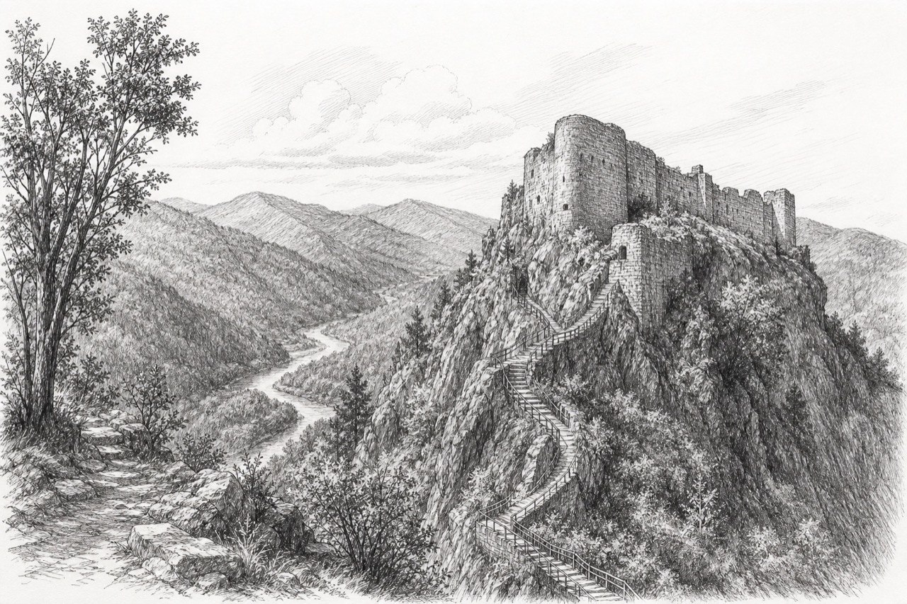 Hand-drawn pencil travel sketch for Căpățânenii Ungureni, Romania