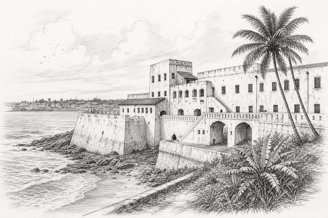Hand-drawn pencil travel sketch for Cape Coast, Ghana