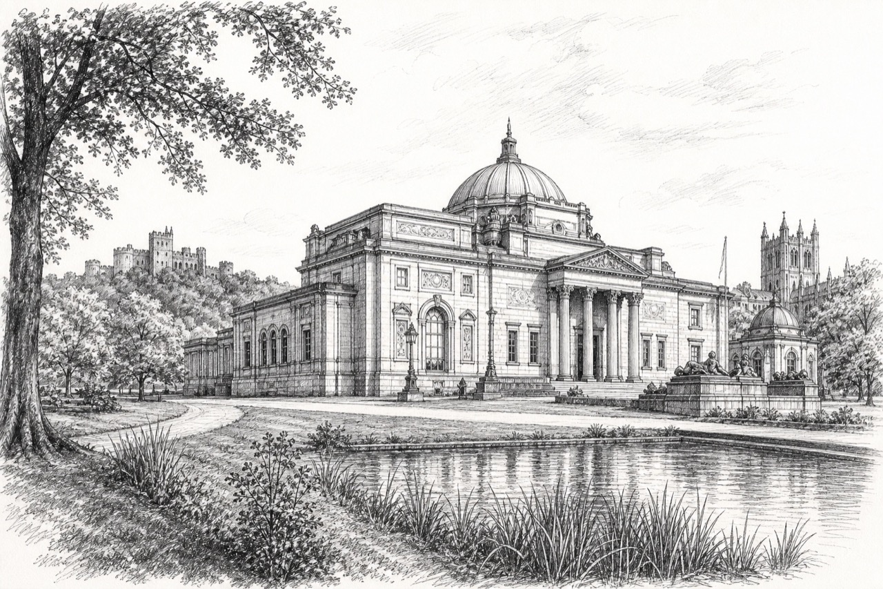 Hand-drawn pencil travel sketch for Cardiff, United Kingdom
