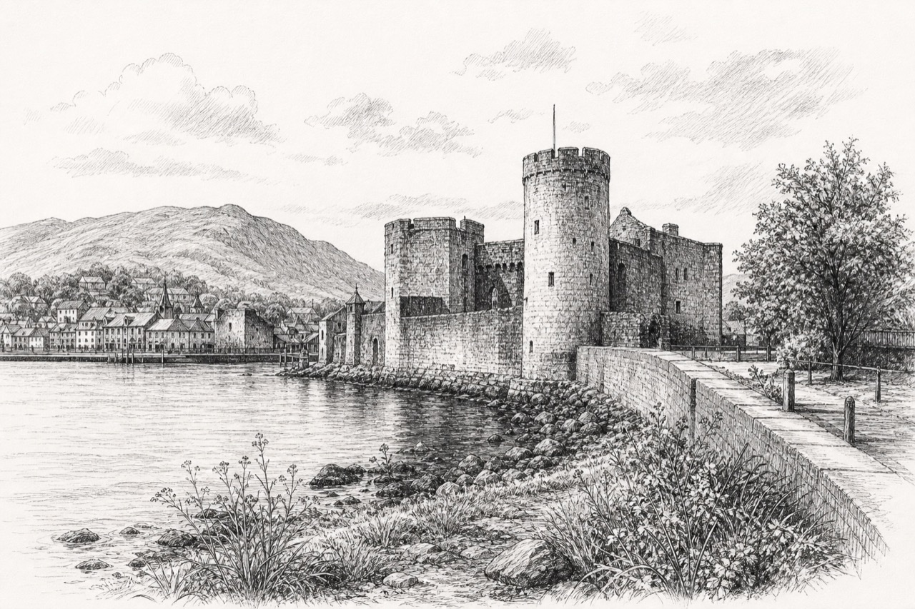 Hand-drawn pencil travel sketch for Carlingford, Ireland