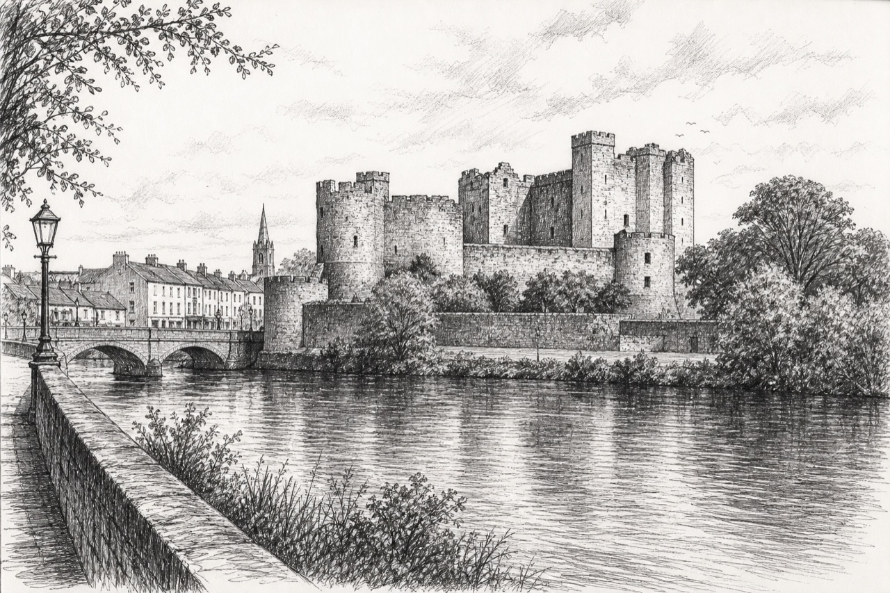 Hand-drawn pencil travel sketch for Carrick-on-Suir, Ireland