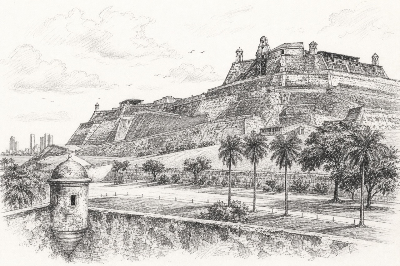Hand-drawn pencil travel sketch for Cartagena, Colombia