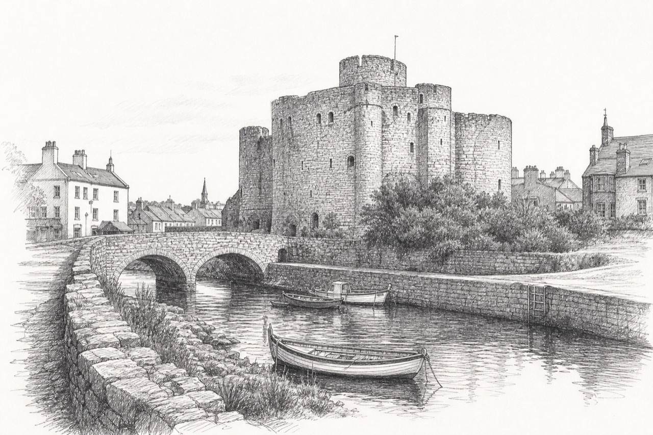 Hand-drawn pencil travel sketch for Castletown, Isle of Man