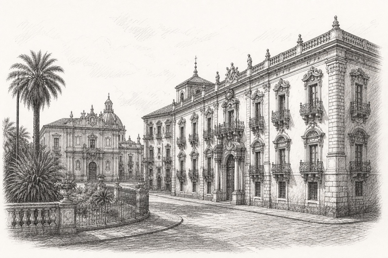 Hand-drawn pencil travel sketch for Catania, Italy