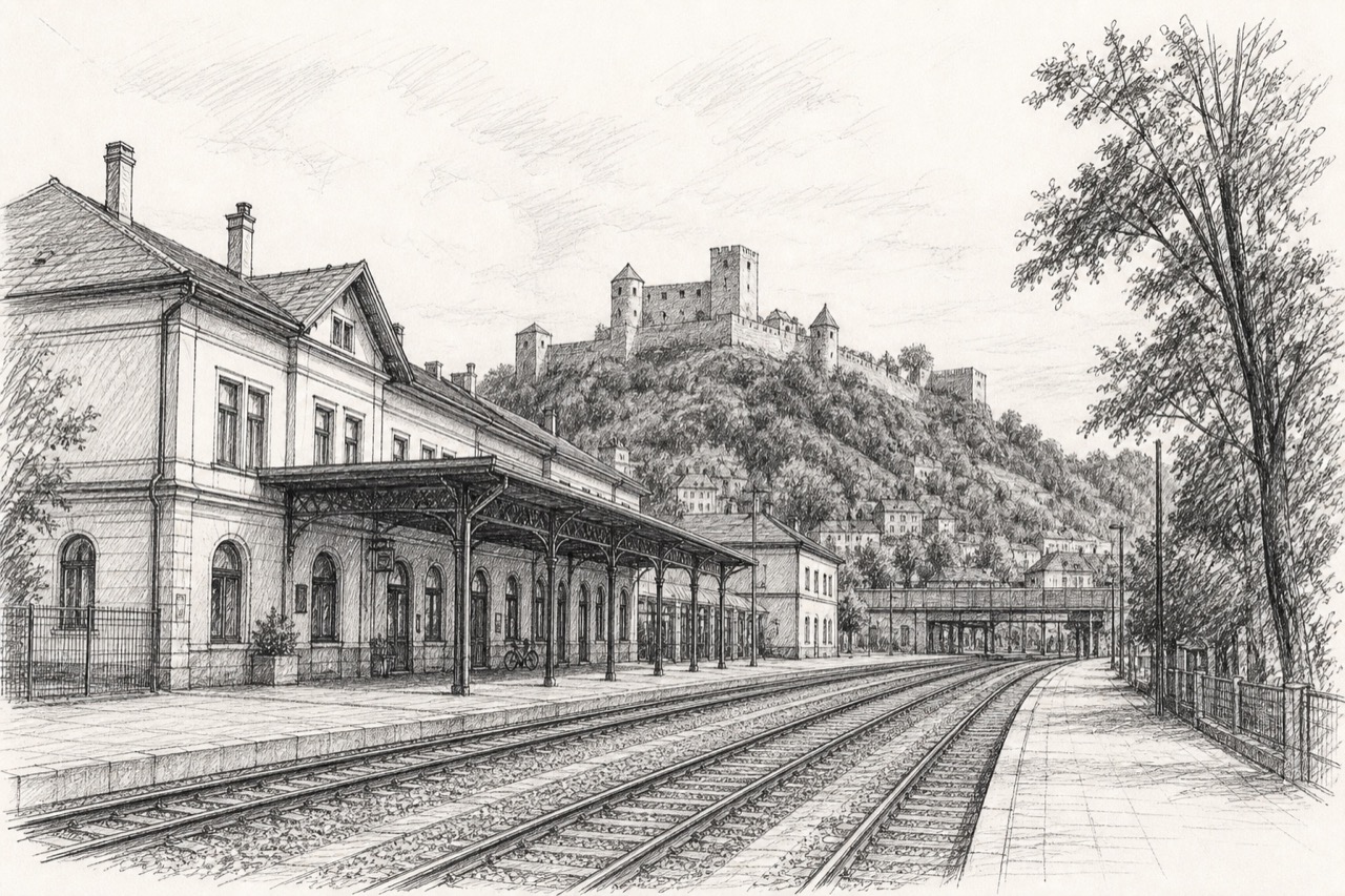 Hand-drawn pencil travel sketch for Celje, Slovenia