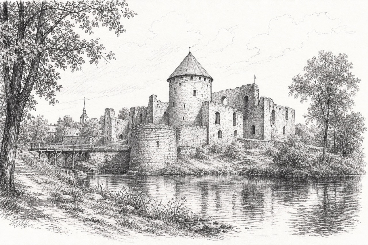 Hand-drawn pencil travel sketch for Cēsis, Latvia