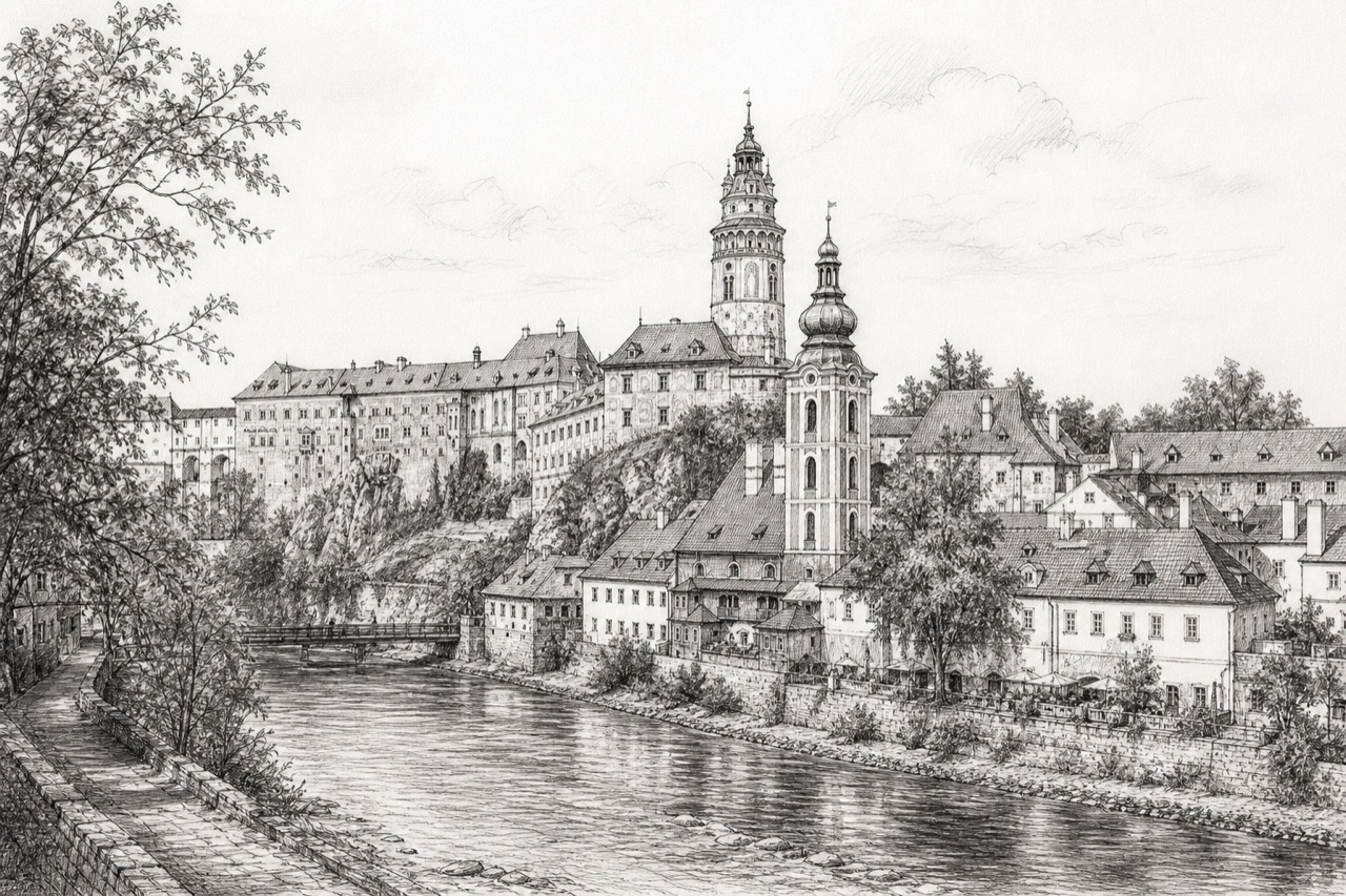 Hand-drawn pencil travel sketch for Český Krumlov, Czech Republic