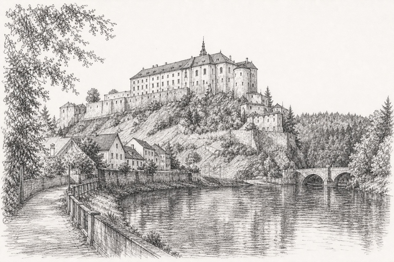 Hand-drawn pencil travel sketch for Český Šternberk, Czech Republic