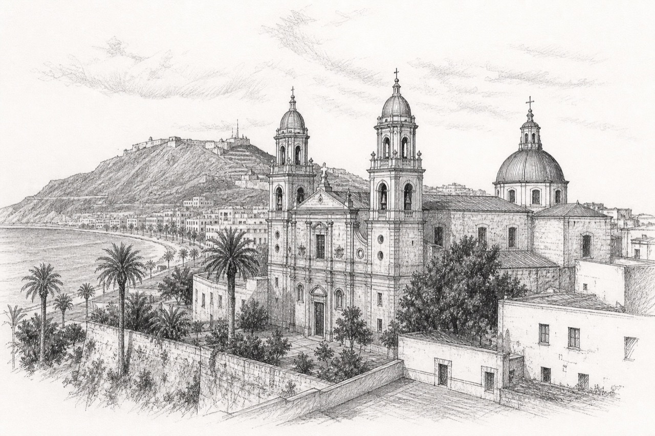 Hand-drawn pencil travel sketch for Ceuta, Spain