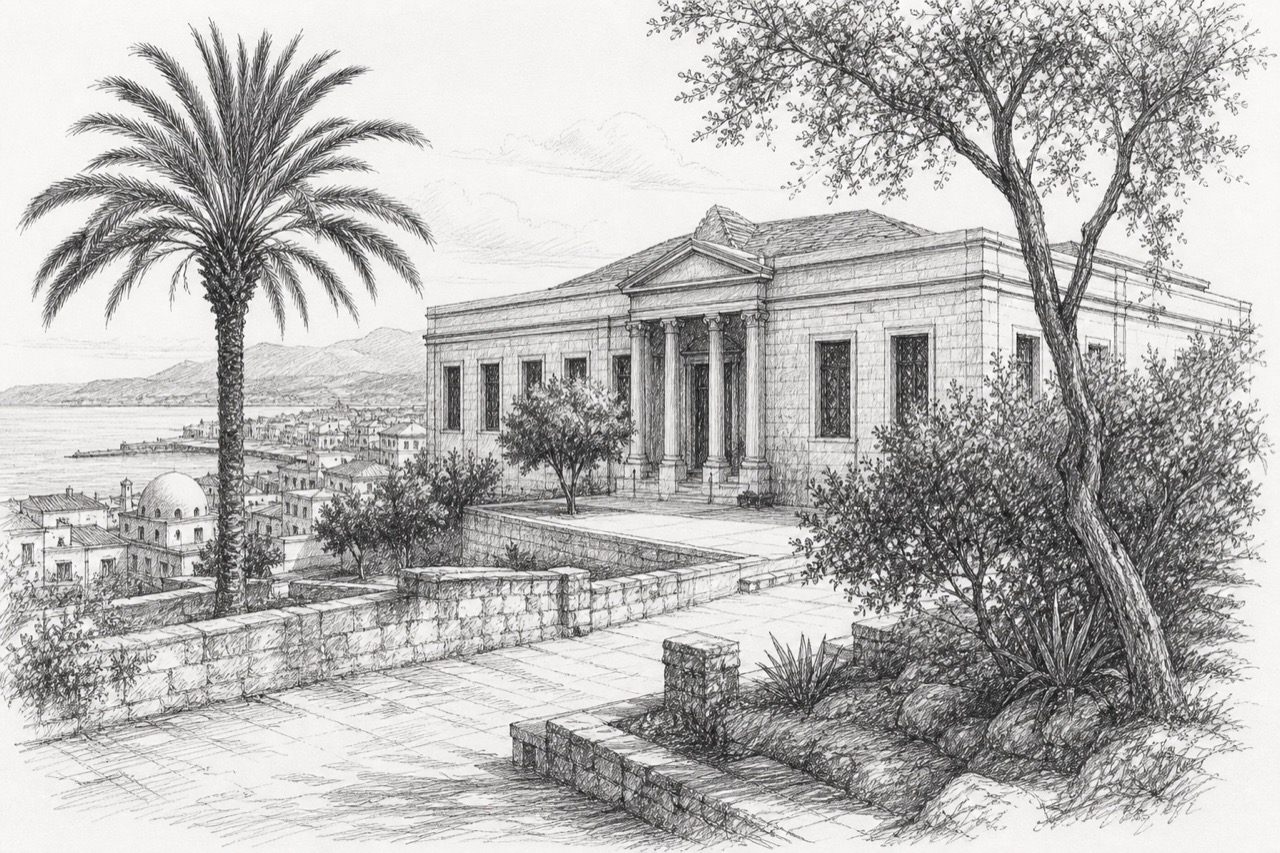 Hand-drawn pencil travel sketch for Chania, Greece