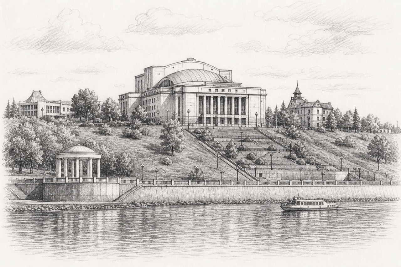 Hand-drawn pencil travel sketch for Cheboksary, Russia