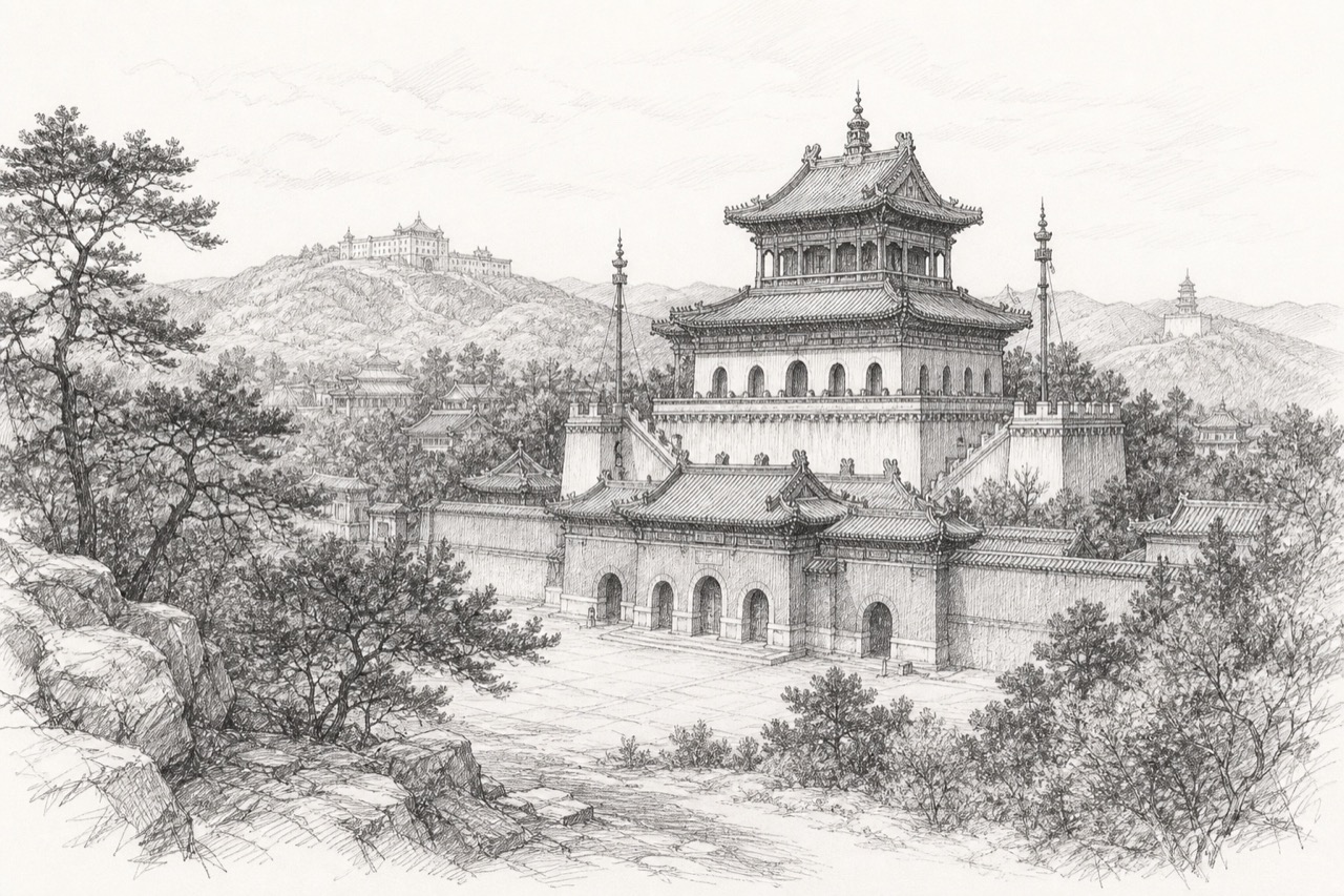 Hand-drawn pencil travel sketch for Chengde, People's Republic of China