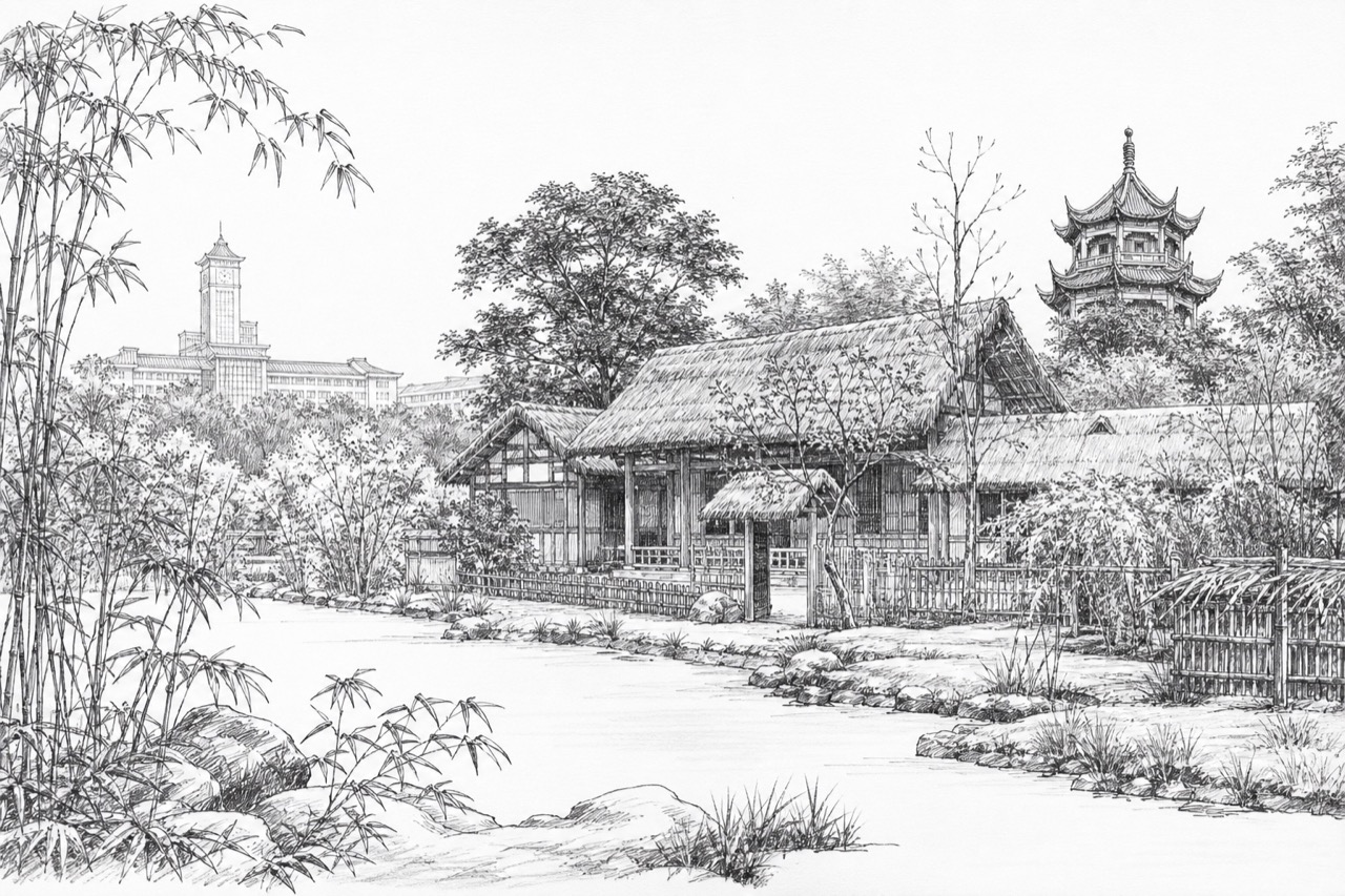 Hand-drawn pencil travel sketch for Chengdu, People's Republic of China