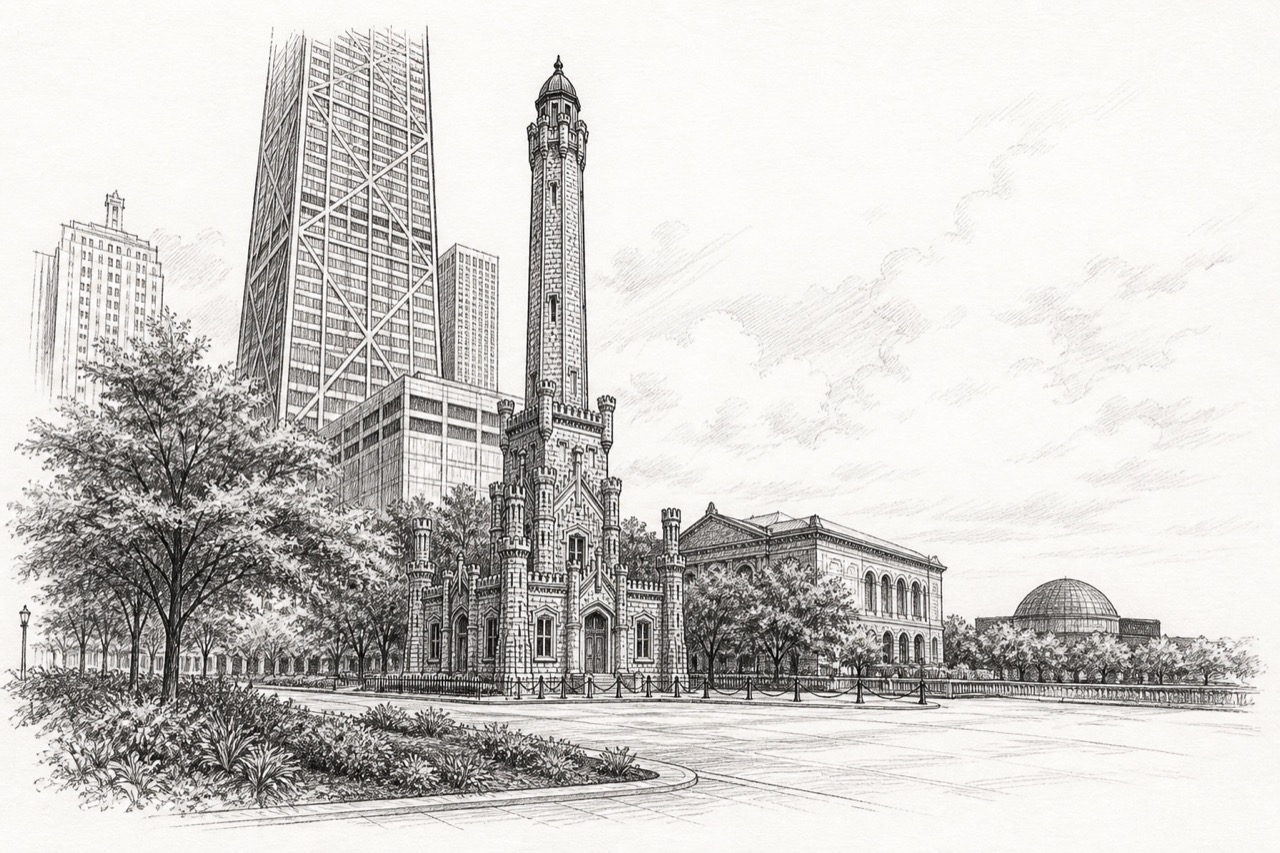 Hand-drawn pencil travel sketch for Chicago, United States