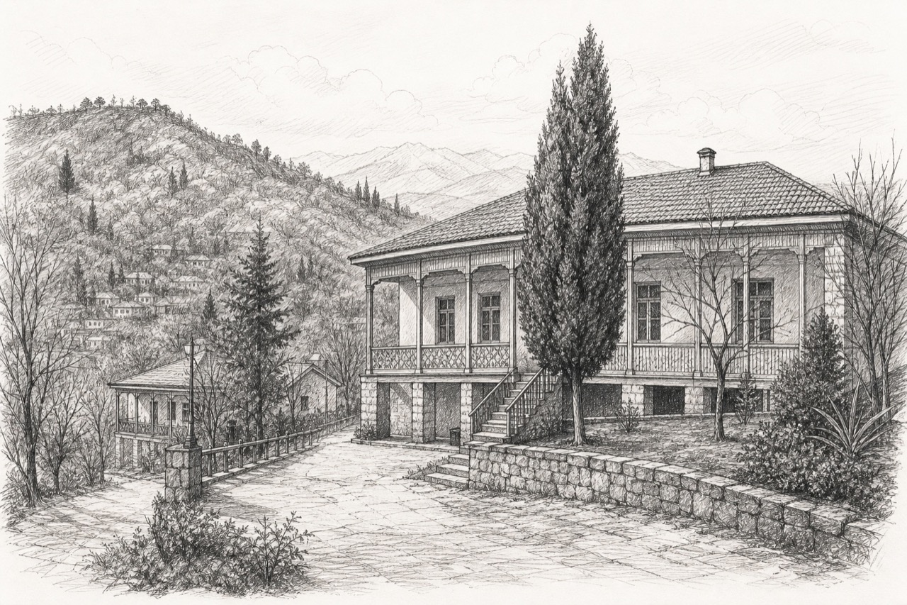 Hand-drawn pencil travel sketch for Chkvishi, Georgia