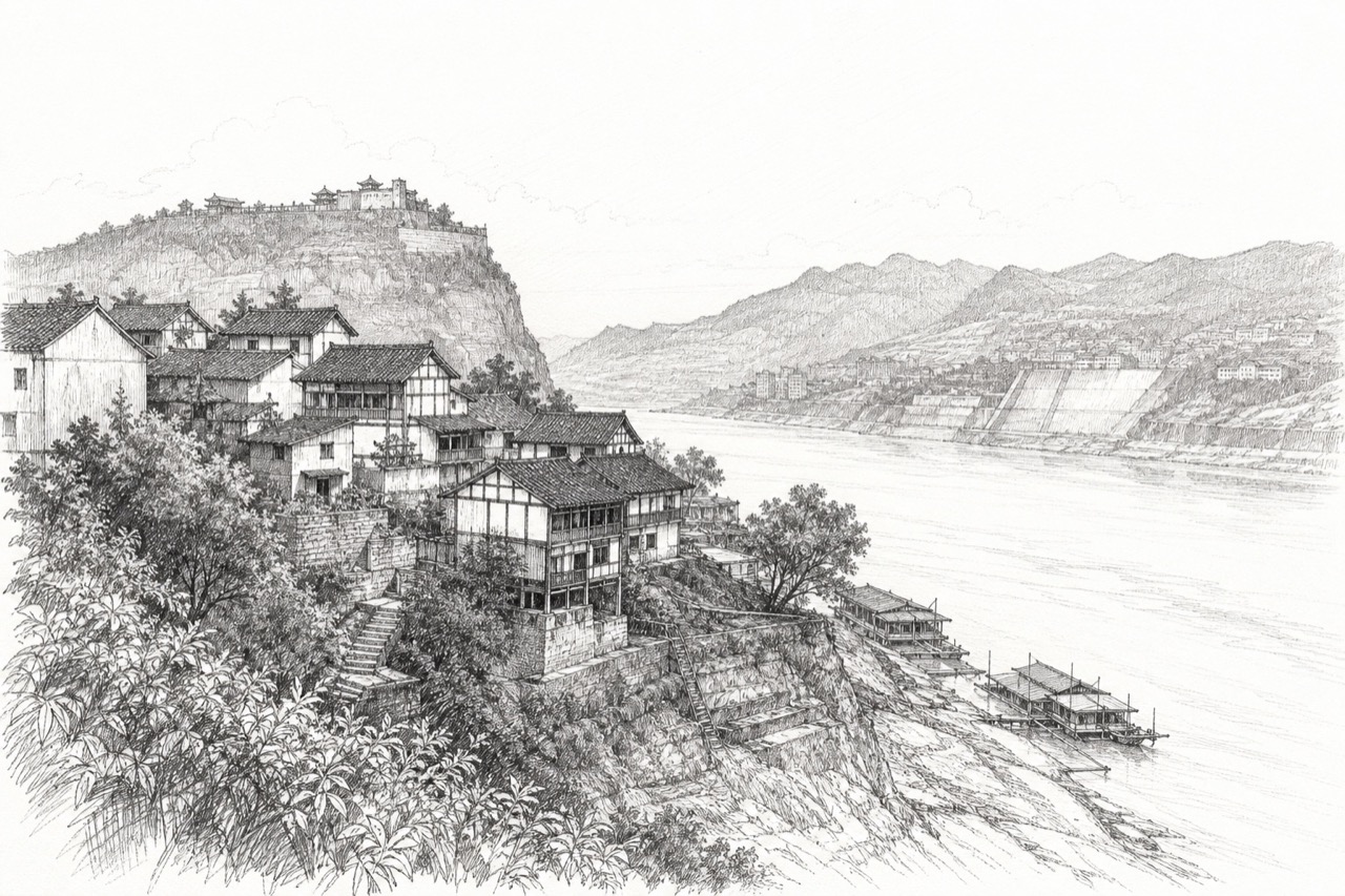 Hand-drawn pencil travel sketch for Chongqing, People's Republic of China