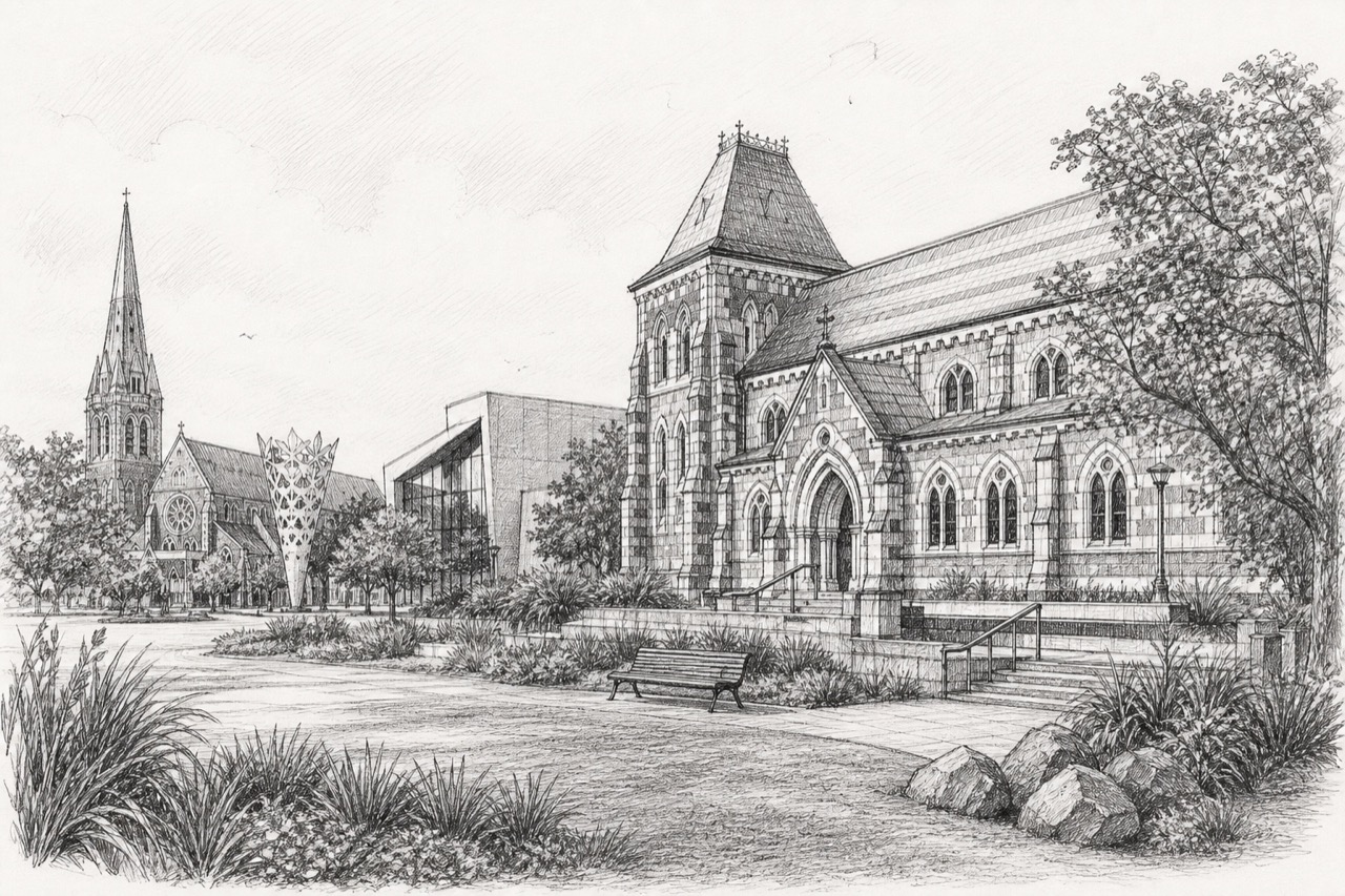 Hand-drawn pencil travel sketch for Christchurch City, New Zealand