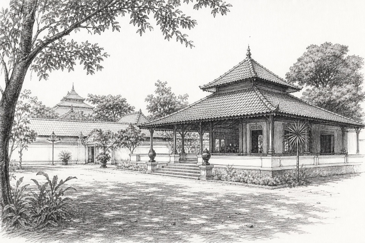 Hand-drawn pencil travel sketch for Cirebon, Indonesia