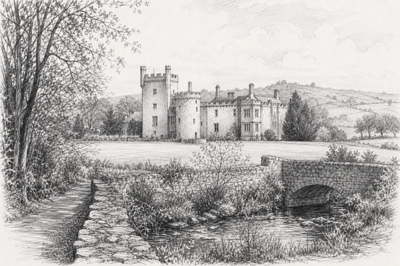 Hand-drawn pencil travel sketch for Clonegal, Ireland