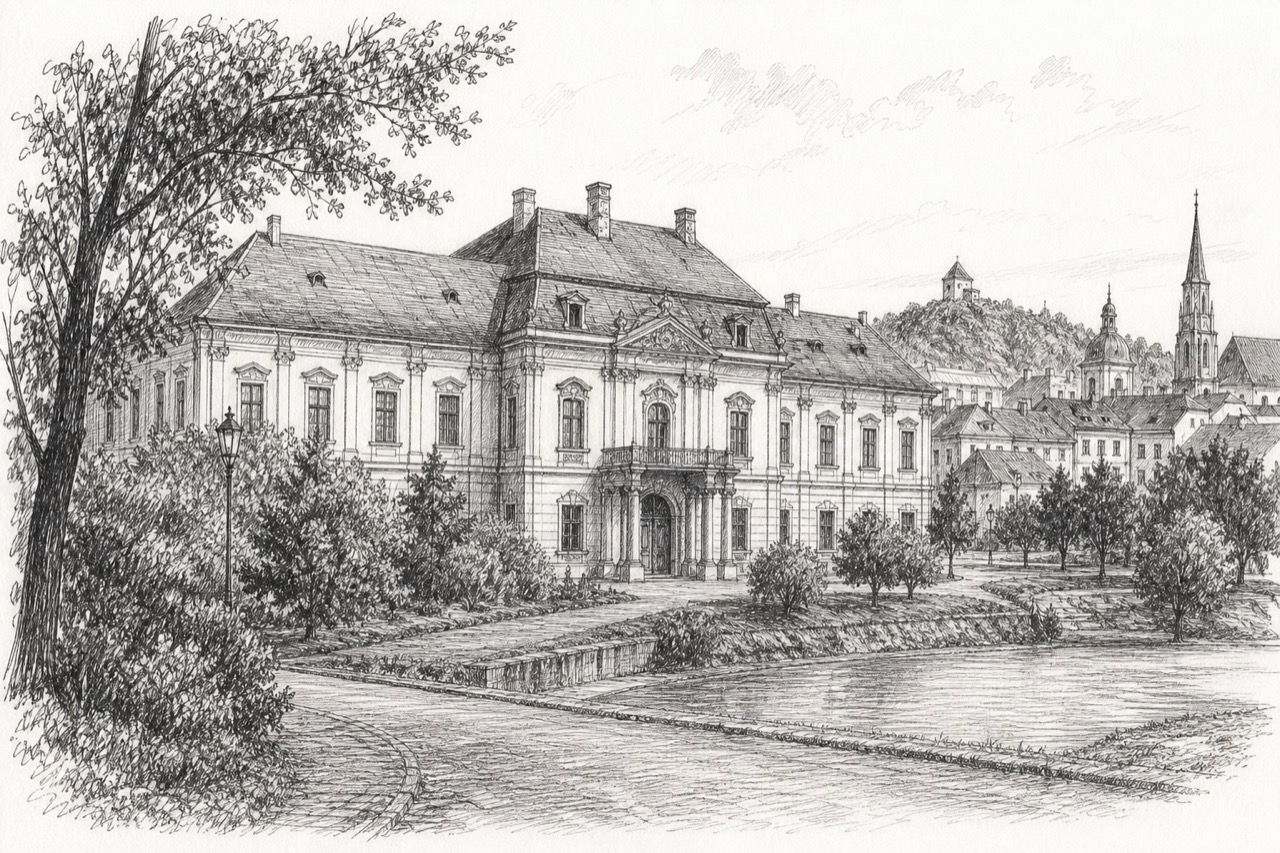 Hand-drawn pencil travel sketch for Cluj-Napoca, Romania